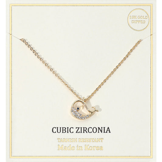 18K Gold Dipped CZ Stone Paved Whale Pendant Necklace