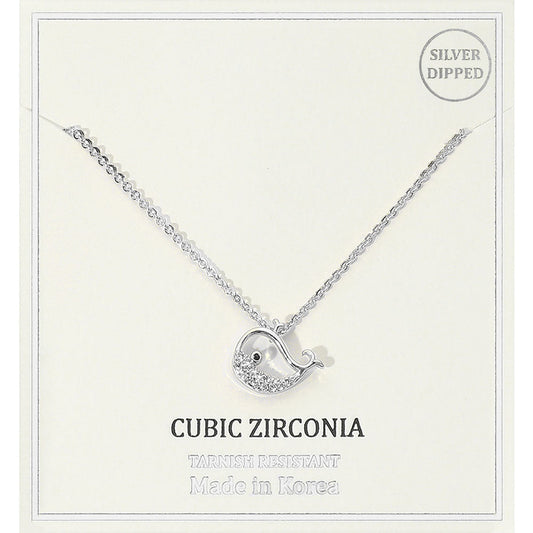 Silver Dipped CZ Stone Paved Whale Pendant Necklace