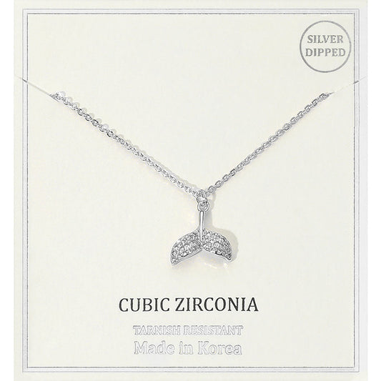 Silver Dipped CZ Stone Paved Whale Tale Pendant Necklace