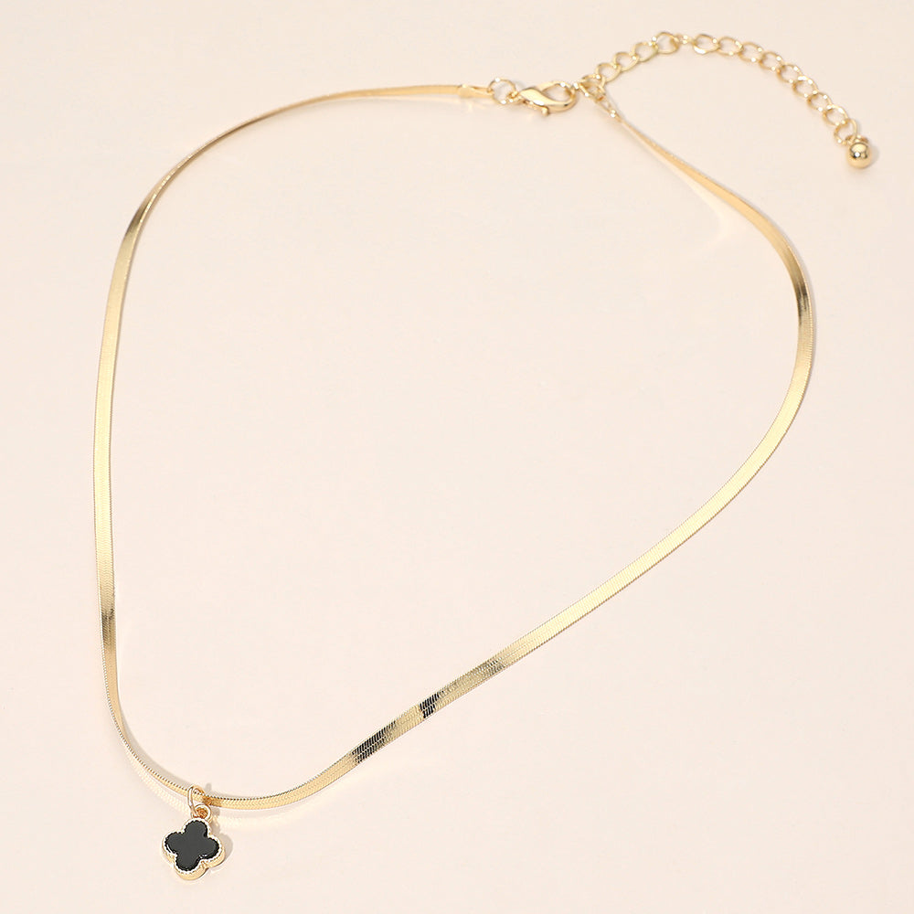 Gold Dipped Quatrefoil Pendant Herringbone Chain Necklace