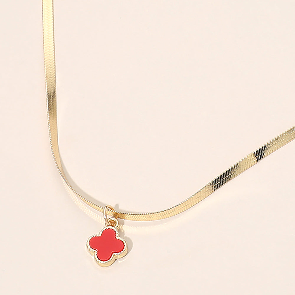 Gold Dipped Quatrefoil Pendant Herringbone Chain Necklace