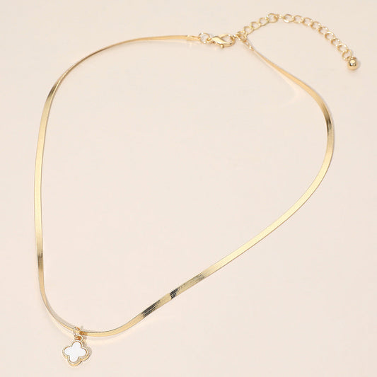 Gold Dipped Quatrefoil Pendant Herringbone Chain Necklace