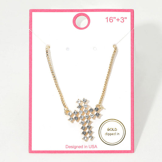 Gold Dipped Rhinestone Cross Pendant Necklace