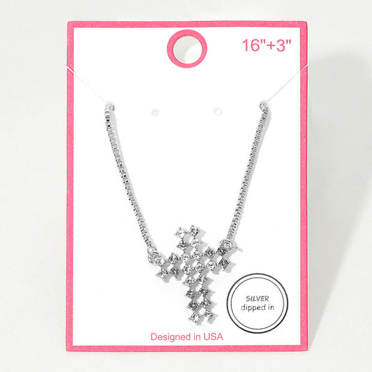 Silver Dipped Rhinestone Cross Pendant Necklace