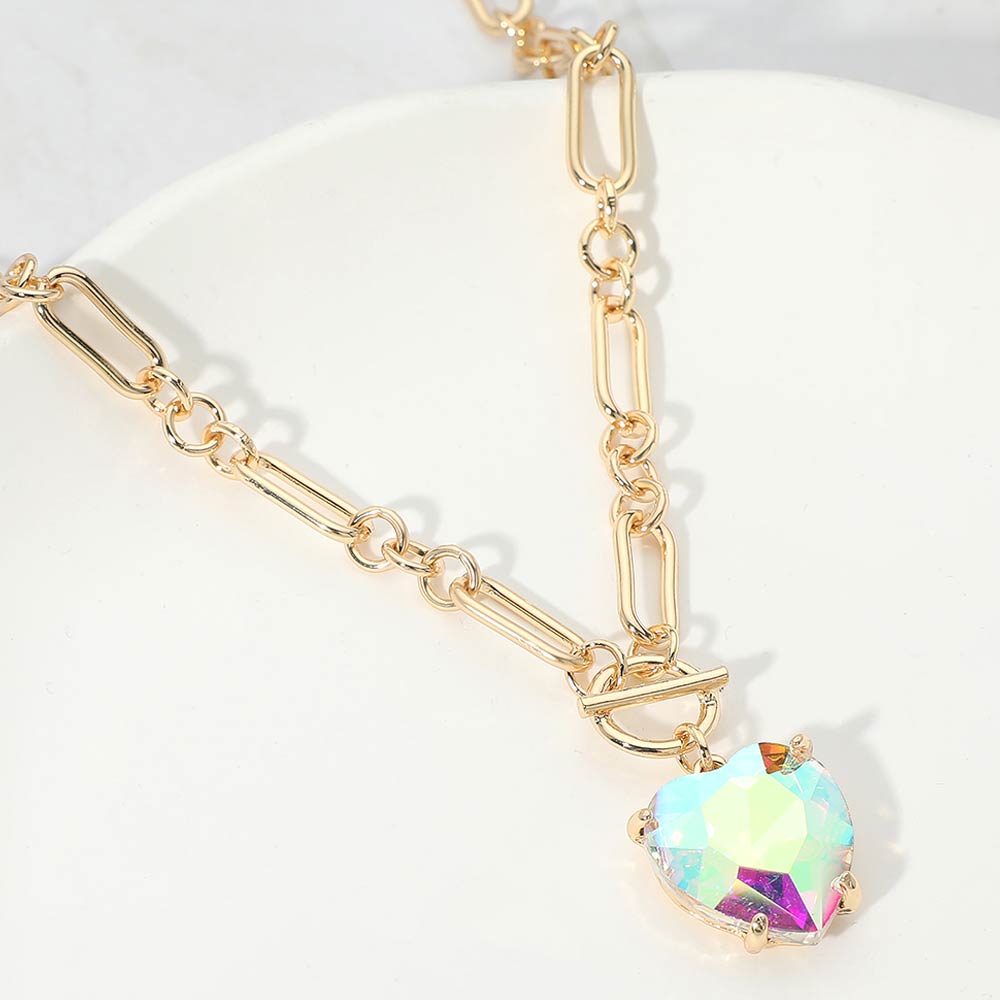 Chunky Heart Stone Cluster Toggle Pendant Necklace
