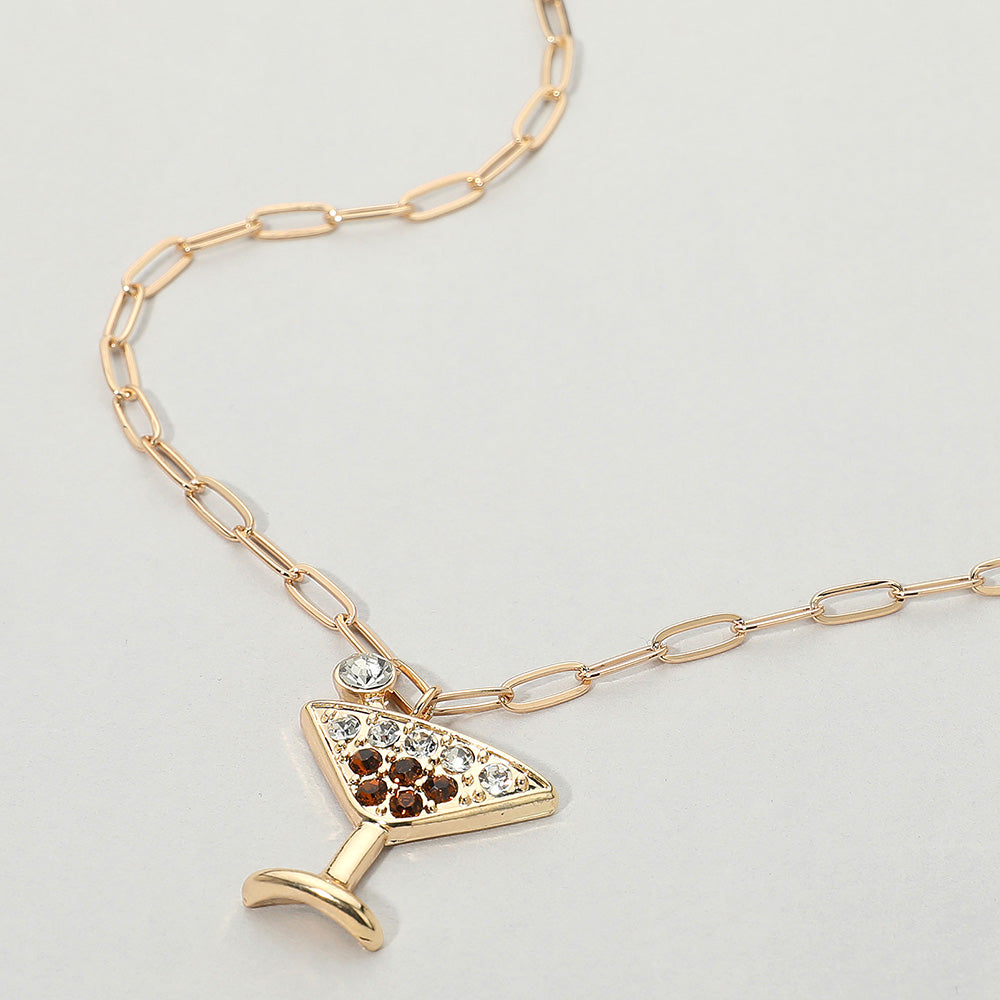 Stone Paved Martini Glass Pendant Paperclip Chain Necklace