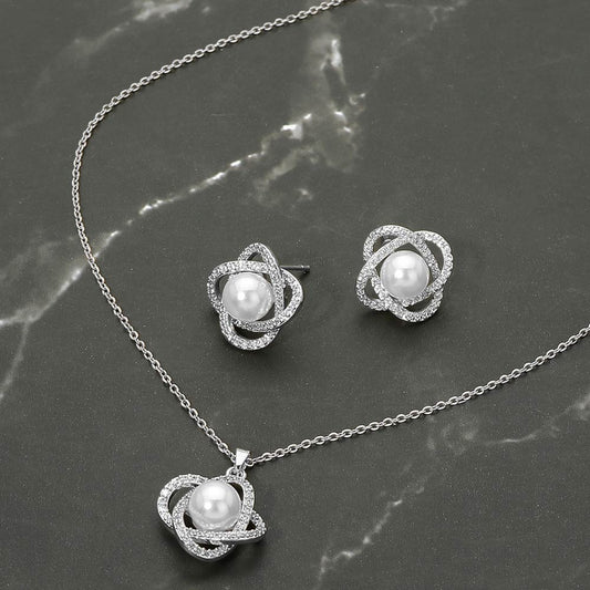 Stainless Steel Pearl Accent Stone Pave Flower Pendant Necklace