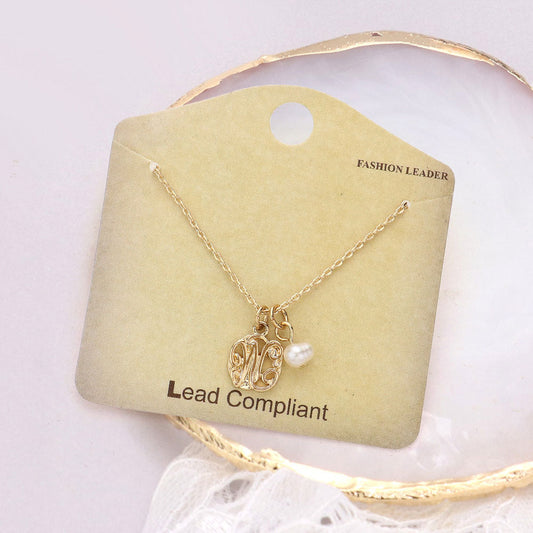 -W- Initial Monogram Pearl Pendant Necklace