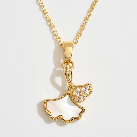 14k Gold Dipped CZ Stone Paved Mother of Pearl Ginkgo Leaf Pendant Necklace