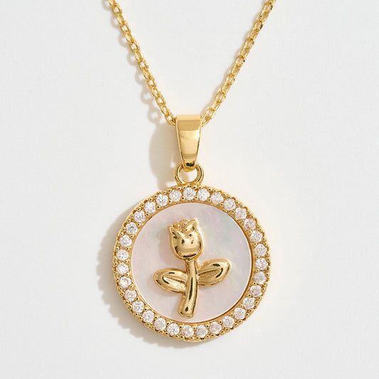 14K Gold Dipped CZ Stone Rim Flower Embossed Mother of Pearl Medallion Pendant Necklace