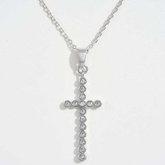 White Gold Dipped CZ Stone Bezel Cross Pendant Necklace