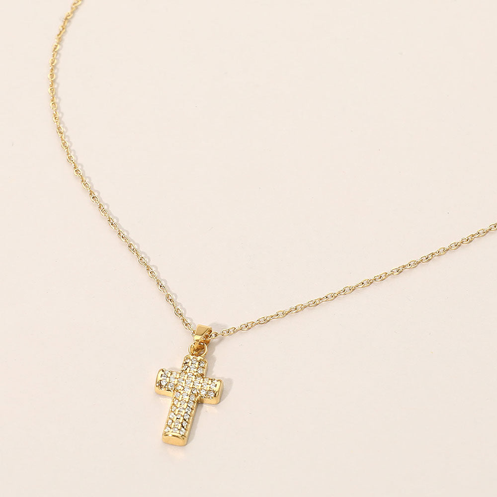SECRET BOX_Stainless Steel Stone Paved Cross Pendant Necklace
