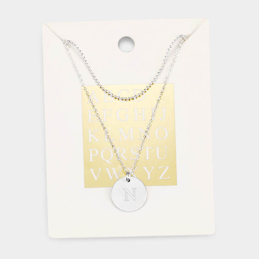 -N- Initial Monogram Round Metal Pendant Necklace