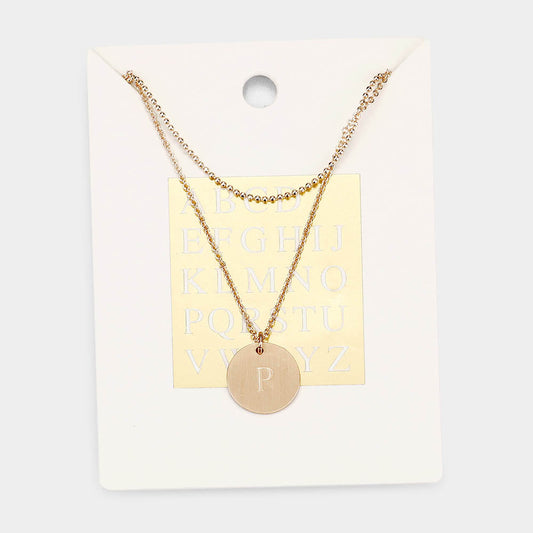 -P- Initial Monogram Round Metal Pendant Necklace