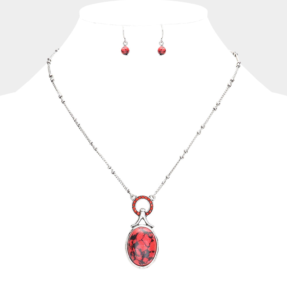 Stone Embellished Open Circle Oval Natural Stone Pendant Necklace
