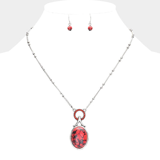 Stone Embellished Open Circle Oval Natural Stone Pendant Necklace