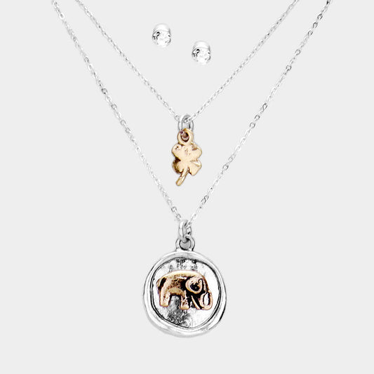 Burnished Metal Elephant Clover Pendant Layered Necklace