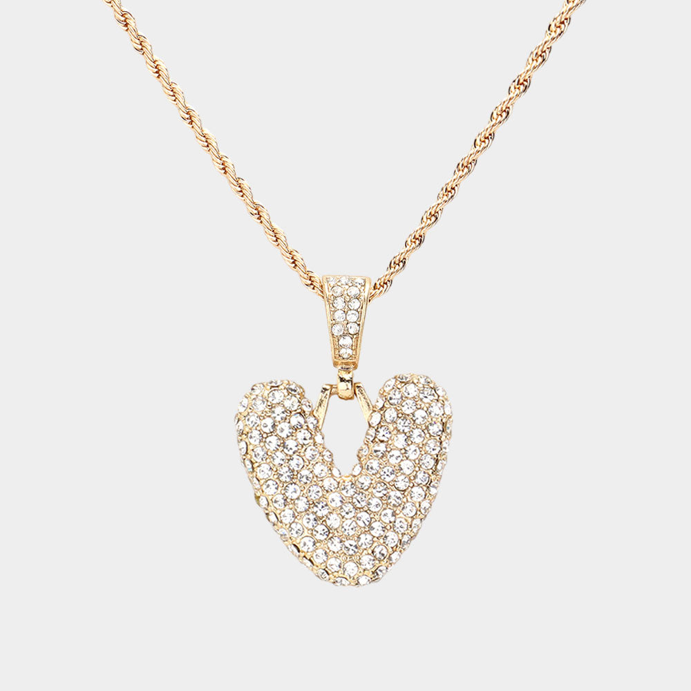 -V- Rhinestone Initial Monogram Pendant Brass Chain Necklace