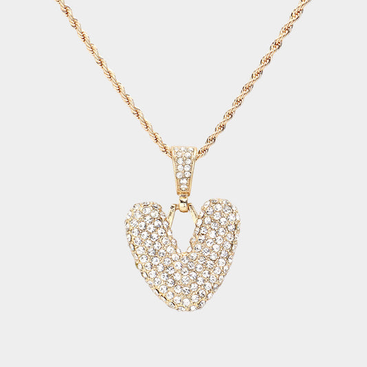 -V- Rhinestone Initial Monogram Pendant Brass Chain Necklace