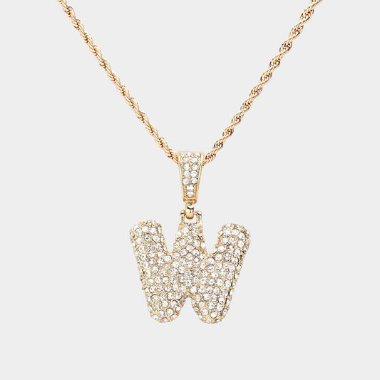 -W- Rhinestone Initial Monogram Pendant Brass Chain Necklace