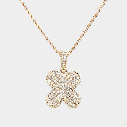 -X- Rhinestone Initial Monogram Pendant Brass Chain Necklace