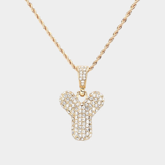 -Y- Rhinestone Initial Monogram Pendant Brass Chain Necklace