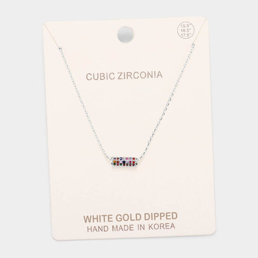 White Gold Dipped Cubic Zirconia Bar Pendant Necklace