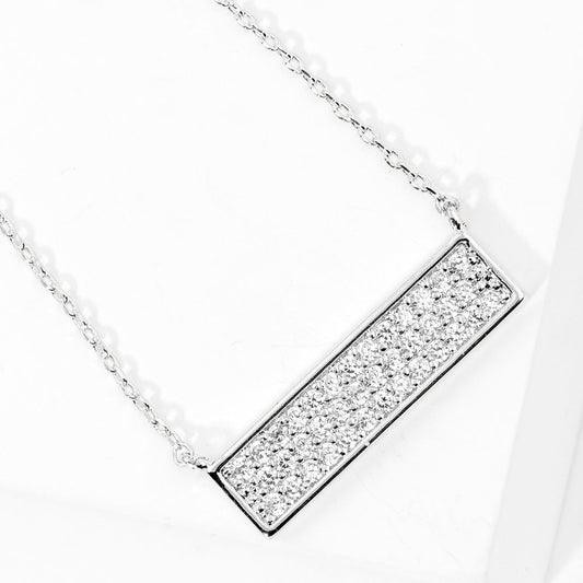 White Gold Dipped CZ Paved Bar Pendant Necklace