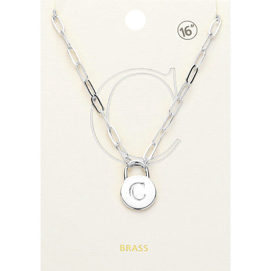 -C- Brass Metal Initial Monogram Lock Pendant Necklace