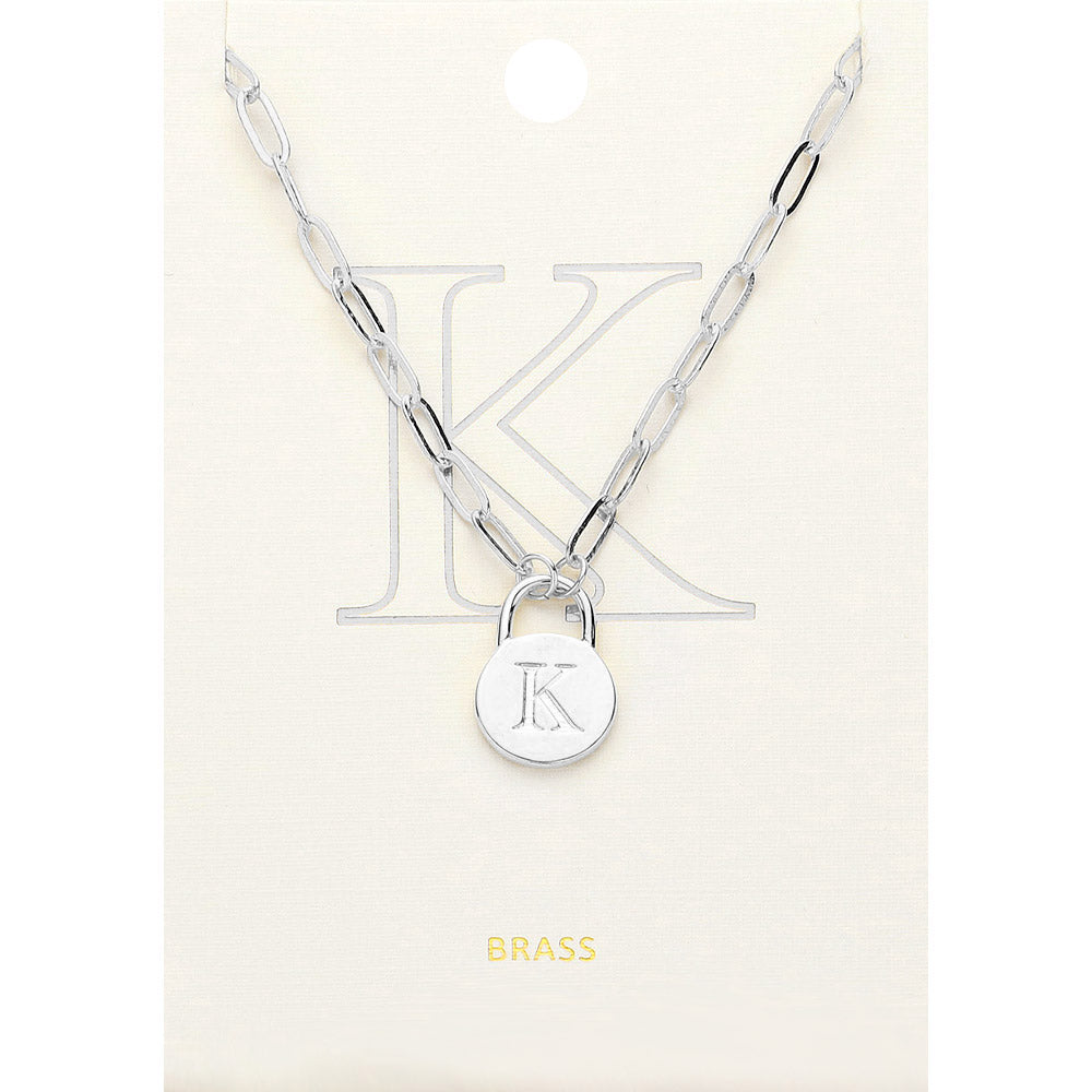 -K- Brass Metal Initial Monogram Lock Pendant Necklace