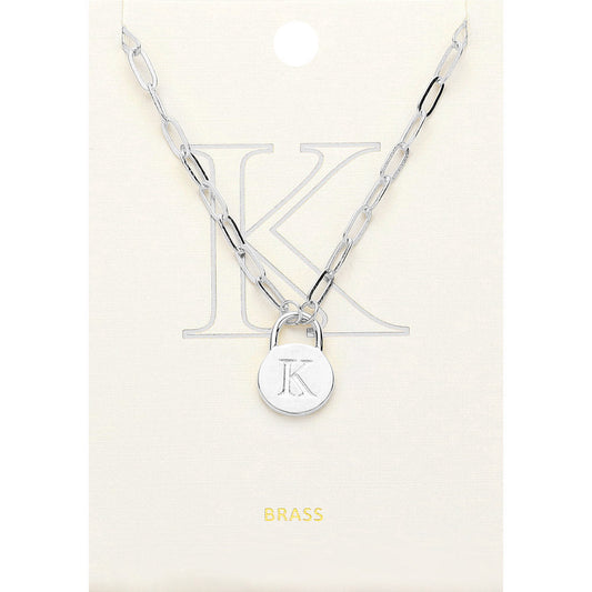 -K- Brass Metal Initial Monogram Lock Pendant Necklace