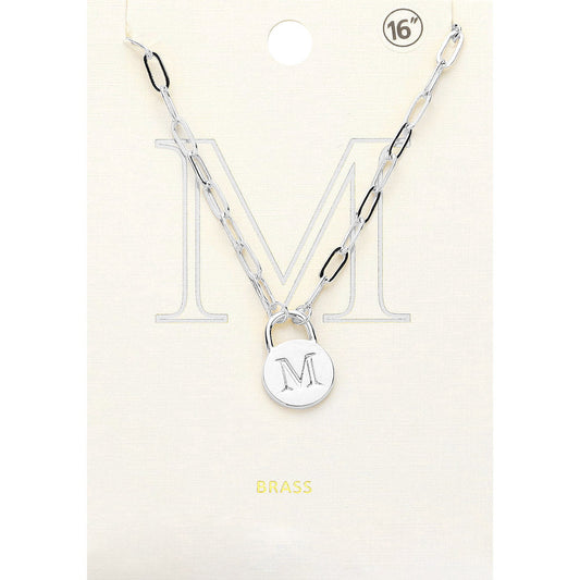 -M- Brass Metal Initial Monogram Lock Pendant Necklace
