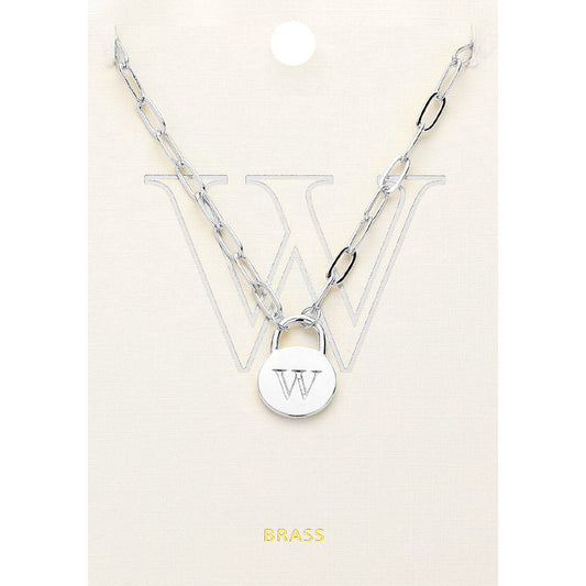 -W- Brass Metal Initial Monogram Lock Pendant Necklace