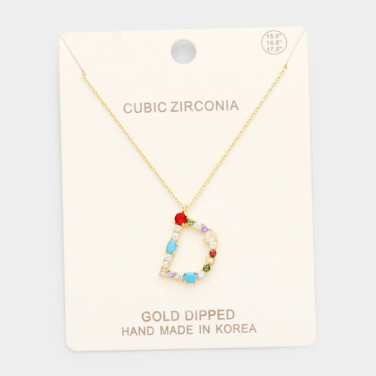 Gold Dipped CZ Letter D Initial Monogram Pendant Necklace