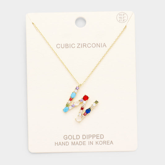 Gold Dipped CZ Letter W Initial Monogram Pendant Necklace