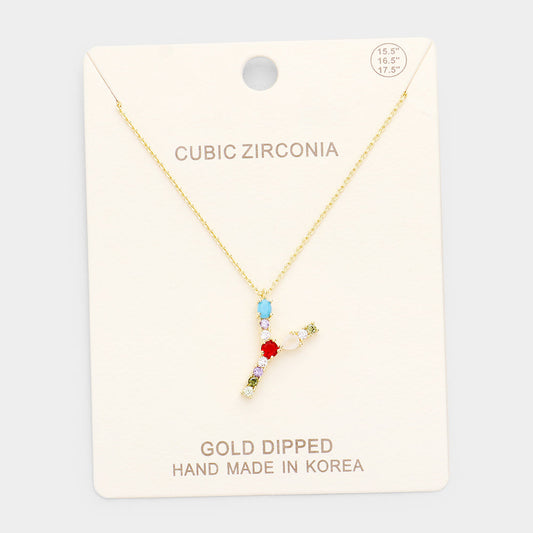 Gold Dipped CZ Letter Y Initial Monogram Pendant Necklace