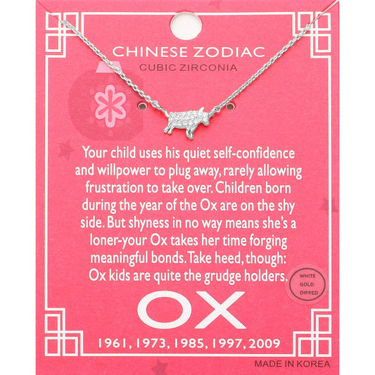 Lunar 12 Zodiac White Gold Dipped CZ Ox Pendant Necklace