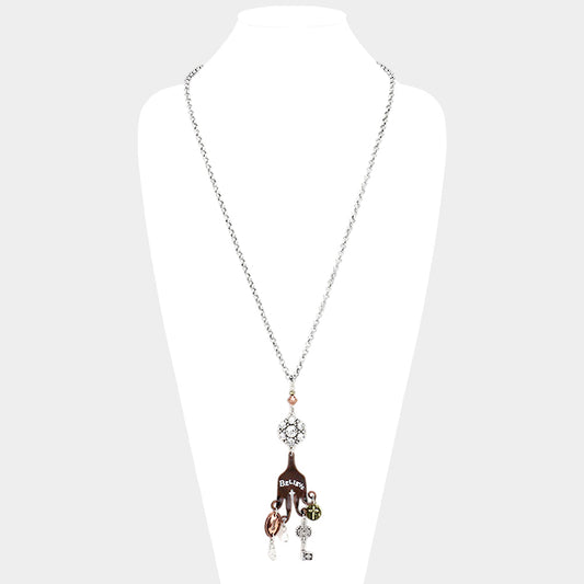 "Believe" Cross Key Lock Pearl Pendants Long Necklace