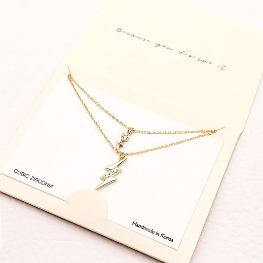 CZ Embellished Metal Lightning Pendant Double Layered Necklace