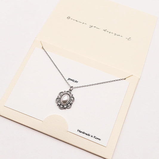 CZ Embellished Oval Pearl Pendant Necklace