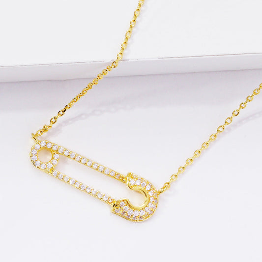 Gold Dipped CZ Safety Pin Pendant Necklace