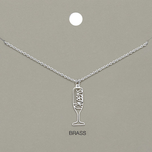 Cheers Message Wine Glass Brass Metal Pendant Necklace