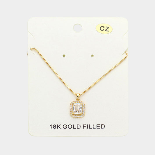18K Gold Filled CZ Stone Square Pendant Necklace