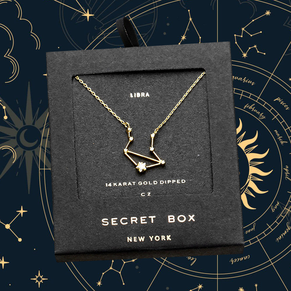 SECRET BOX_14K Gold Dipped CZ Libra Zodiac Sign Pendant Necklace