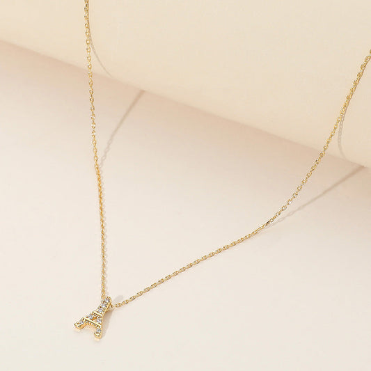 SECRET BOX_Brass Metal Stone Paved Eiffel Tower Pendant Necklace