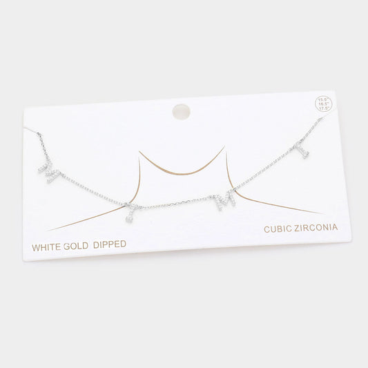 White Gold Dipped CZ MIMI Message Pendant Necklace