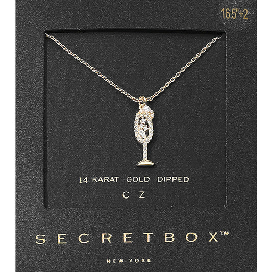 SECRET BOX_14K Gold Dipped CZ Stone Pearl Paved Champagne Glass Pendant Necklace