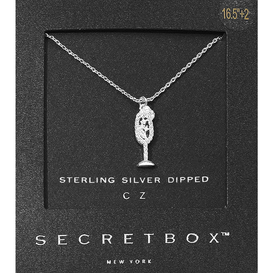 SECRET BOX_Sterling Silver Dipped CZ Stone Pearl Paved Champagne Glass Pendant Necklace