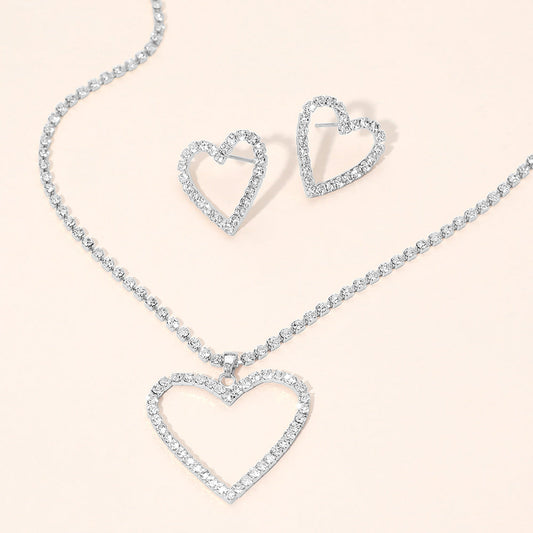 Silver Dipped Rhinestone Pave Open Heart Pendant Necklace