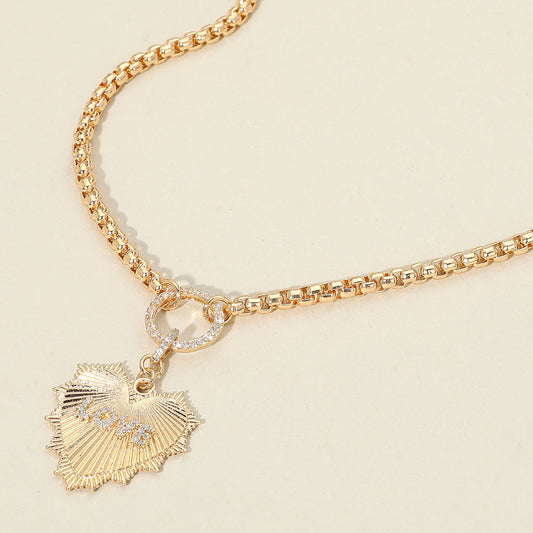 Rhinestone Paved Circle LOVE Message Accent Textured Metal Heart Pendant Necklace